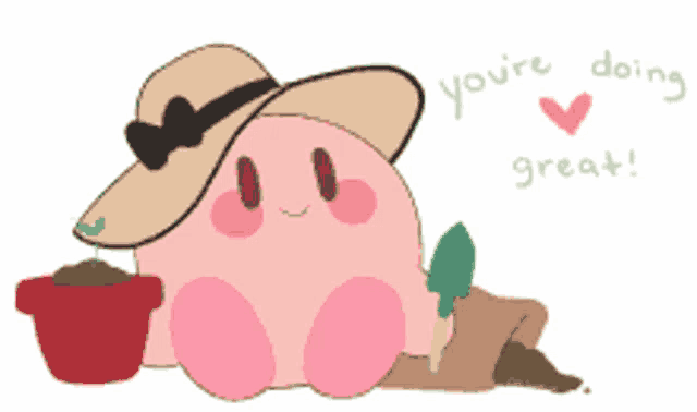 a drawing of kirby wearing a hat and holding a pot of dirt