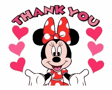a cartoon of minnie mouse saying thank you with hearts around her