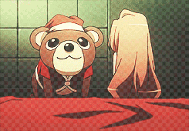 a teddy bear wearing a santa hat looks at a girl