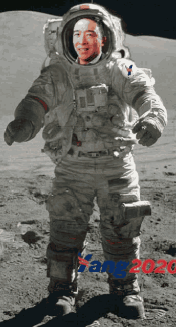 a man in a space suit is standing on the moon with the year 2020 on the bottom