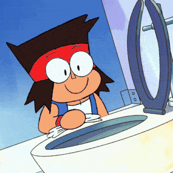 a cartoon character is washing his hands in a bathroom sink