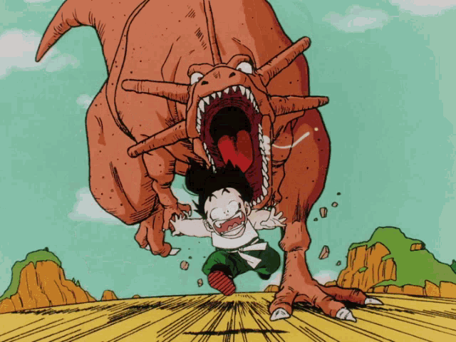 a cartoon of a boy running from a dinosaur with its mouth open