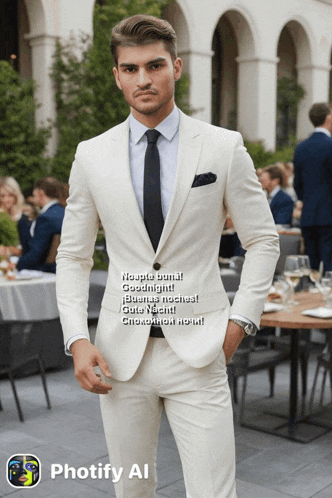 a man in a white suit and tie is standing in front of a table