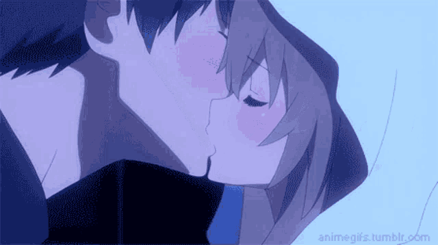 a man and a woman are kissing in a purple anime scene