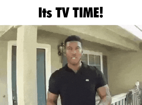 a man in a black shirt is standing in front of a house with the words " it 's tv time " written above him