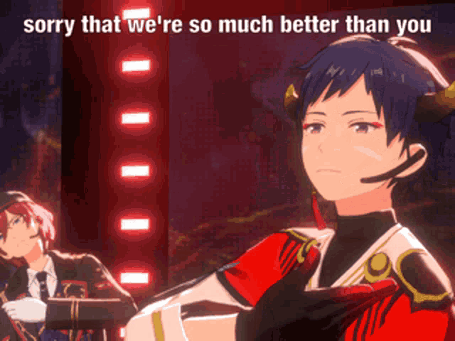 a cartoon character says sorry that we 're so much better than you while wearing a microphone