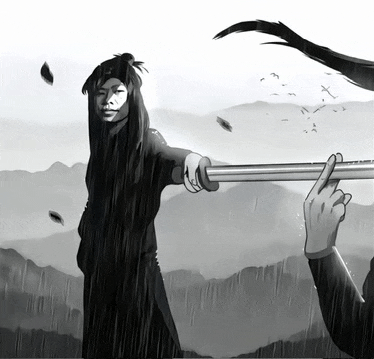 a black and white drawing of a woman holding a sword in the rain
