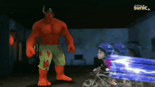 a cartoon of a girl riding a bike next to a red monster with horns and the words sonic jr.