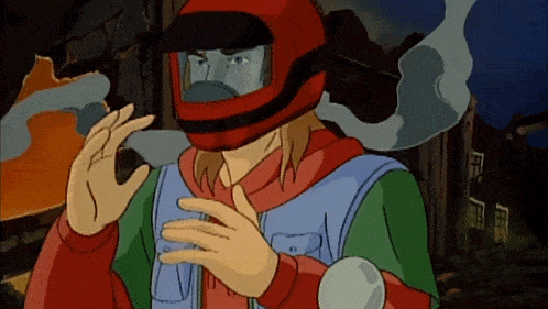 a cartoon character is wearing a red helmet and making a thumbs up sign