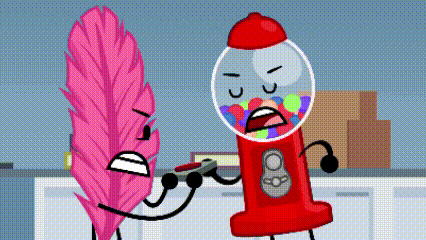 a pink feather and a red gumball machine are fighting each other in a cartoon .