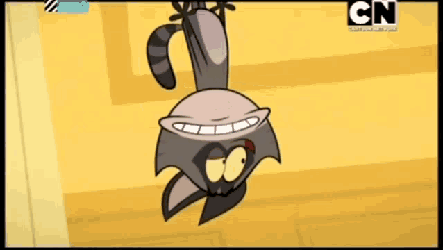 a cartoon of a raccoon hanging upside down with the cn logo in the background