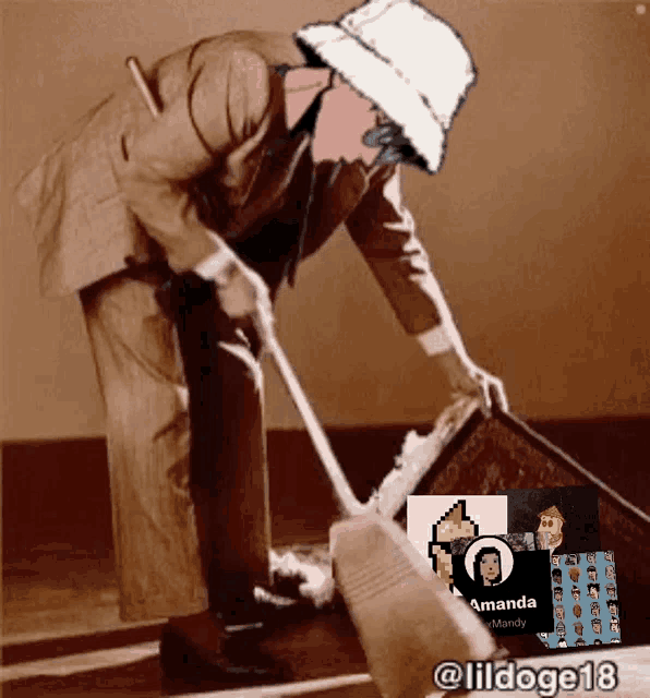 a man wearing a hat is sweeping the floor with a picture of amanda in the background