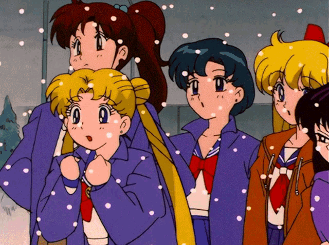 a group of cartoon characters standing in the snow