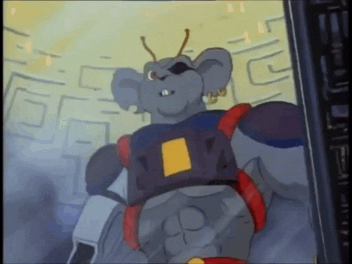 a cartoon character is wearing a robot outfit and has a yellow square on his chest