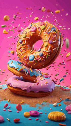 two donuts with sprinkles on them are stacked on top of each other on a pink surface