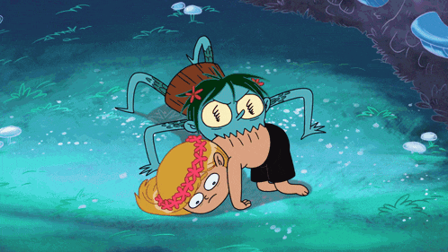 a cartoon of a boy and a girl laying on the ground