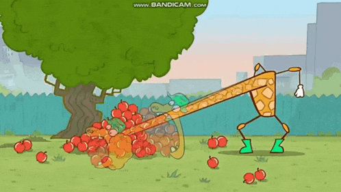 a cartoon drawing of a giraffe carrying a basket of apples
