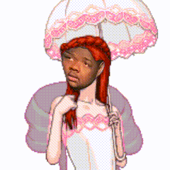a woman with red hair is holding an umbrella and wearing a hat