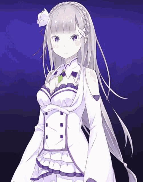 a girl with a flower in her hair is wearing a white dress with ruffles