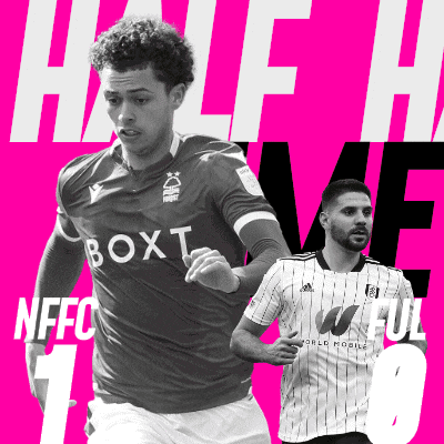 a black and white photo of two soccer players on a pink background with the words half time