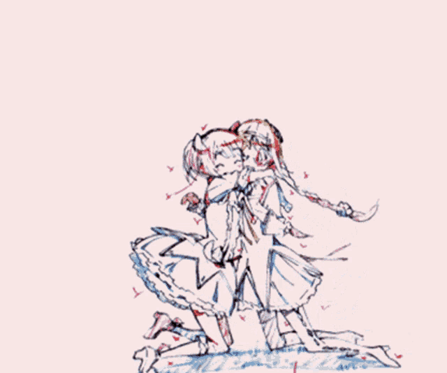 a drawing of two girls hugging each other on a white background