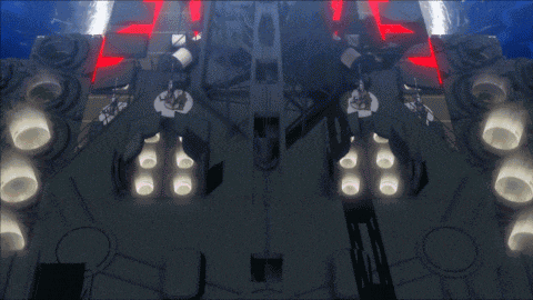 a computer generated image of a building with a red light coming out of it