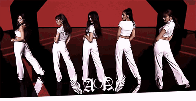 a group of women standing in a line with the word aoa on the bottom right