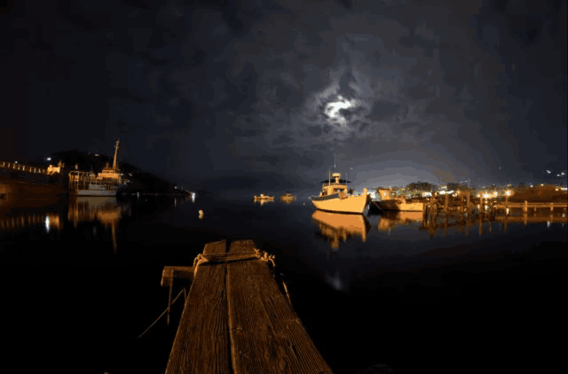 a full moon shines brightly over a harbor at night