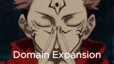 a person with their eyes closed and the words domain expansion behind them
