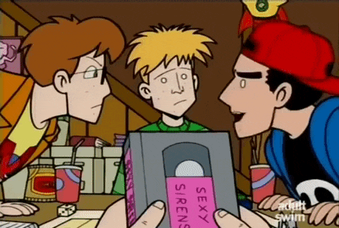 a cartoon shows a man holding a sexy sirens video tape