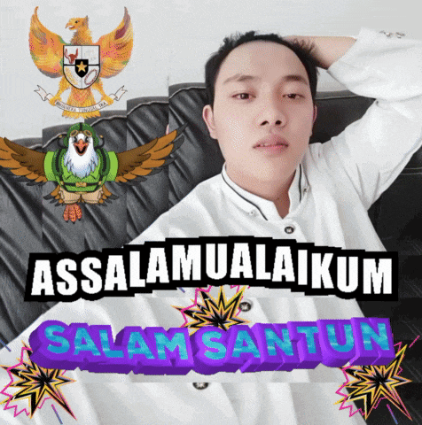 a man sitting on a couch with the words assalamualaikum salam santun written on it