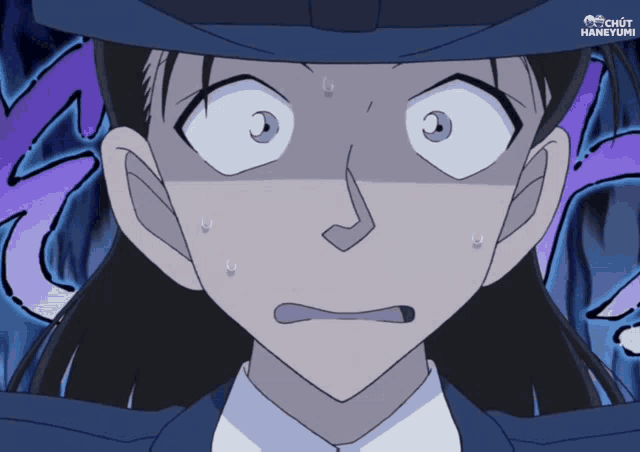 a close up of a cartoon character 's face with the words " chút haneyumi " below it