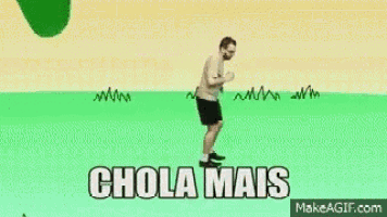 a man is running in a field with a tree in the background and the words chola mais .