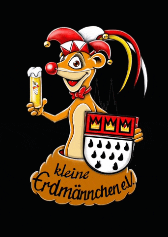 a cartoon character holding a beer and a coat of arms with the words kleine erdmännern