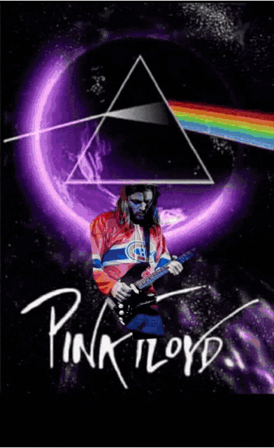 a poster of a man playing a guitar with the words rock on pink floyd shine on