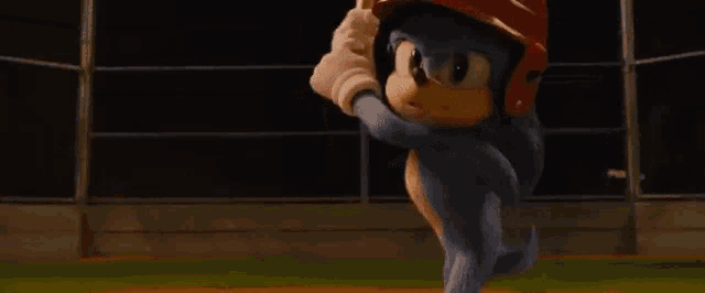 sonic the hedgehog is swinging a baseball bat on a baseball field while wearing a helmet .
