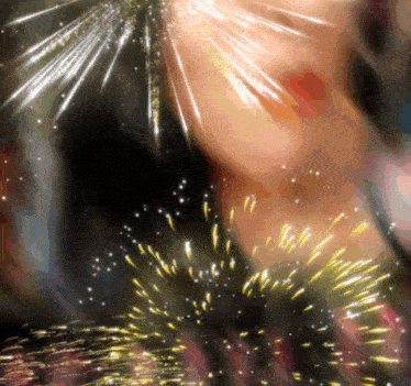 a painting of a woman surrounded by fireworks and sparkles