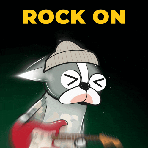 a poster with a dog playing a guitar and the words rock on