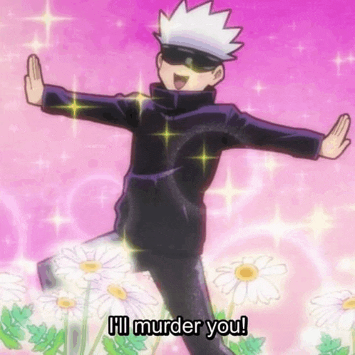 a cartoon character says hi murder you in front of daisies