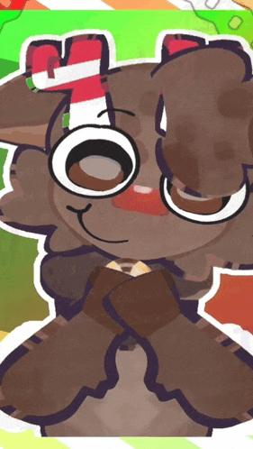 a cartoon drawing of a deer with a candy cane hat on