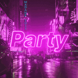 a neon sign that says party in purple