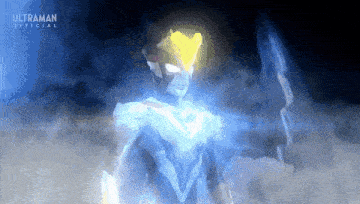 a cartoon character is standing in a dark room with a light coming out of his chest .