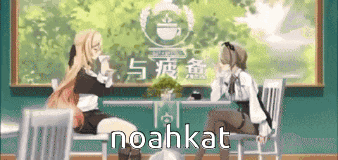 a couple of anime characters sitting at a table with the word noahkat written on the bottom