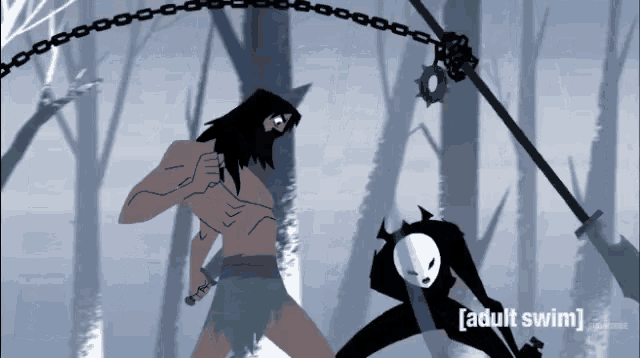 a cartoon of a man holding a sword and a mask with the words adult swim below it