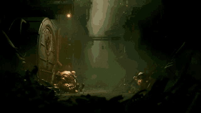 a video game scene with a giant door in the middle
