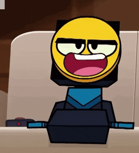 a cartoon character with a yellow face and a black head is sitting on a chair .