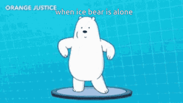 ice bear from we bare bears is dancing on a blue surface .
