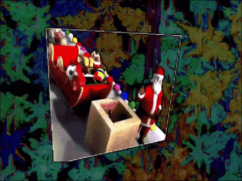 a painting of santa claus with a sleigh full of gifts