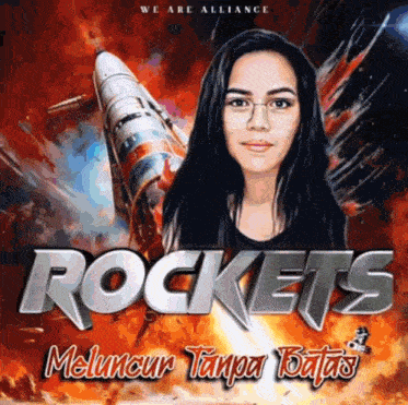 a woman stands in front of a rocket and the words rockets