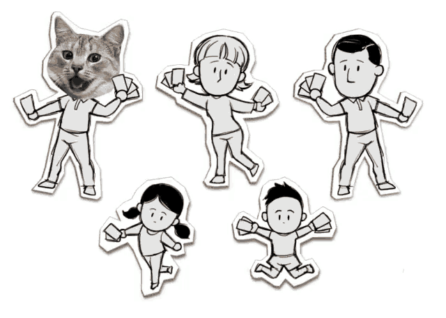 a cat with its mouth open is surrounded by a group of people